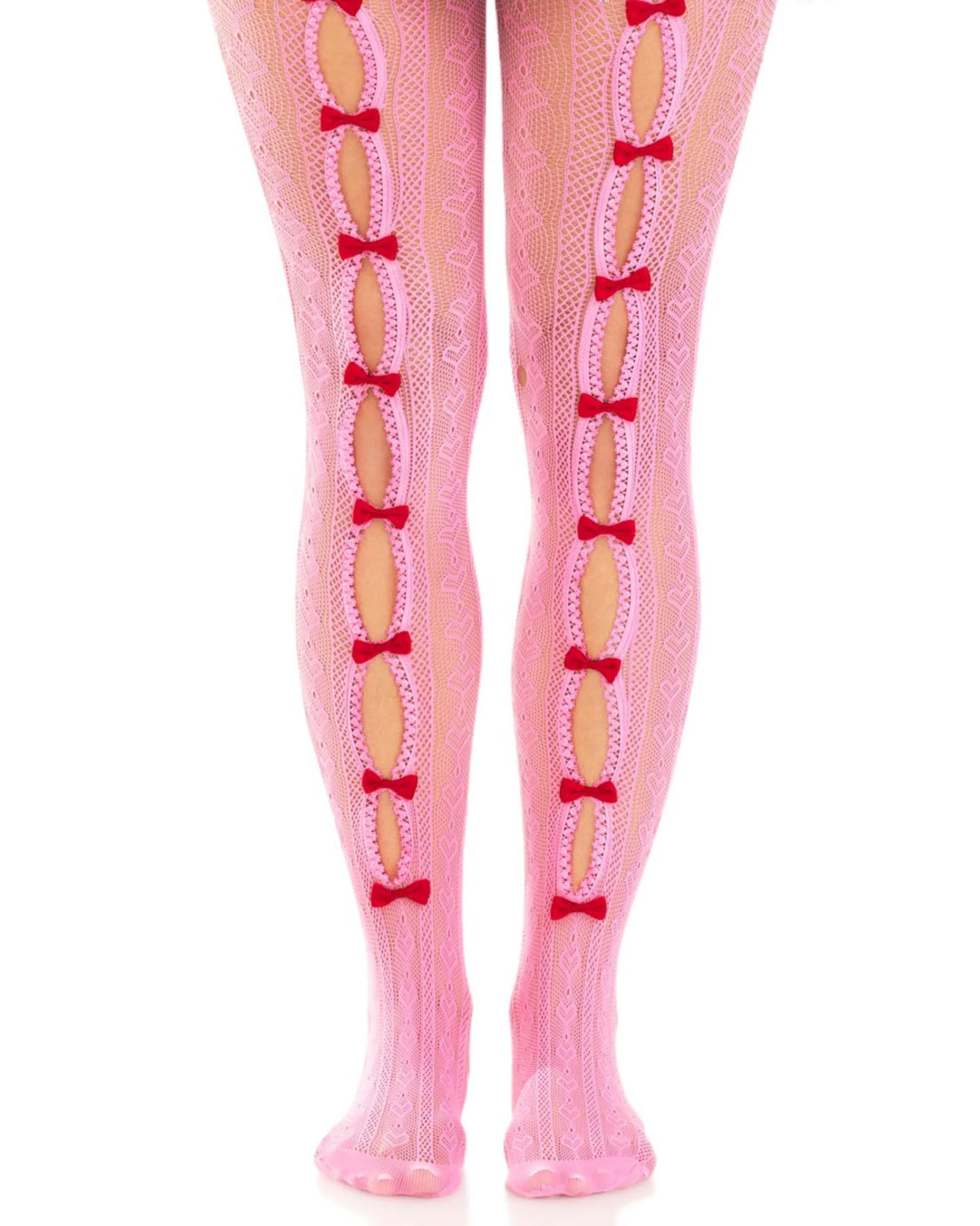 Leg Avenue Sweetheart Striped Net Pantyhose - Light pink openwork fishnet lace tights with a vertical stripe and heart pattern and open seam down the front of the leg held together with red little bows.