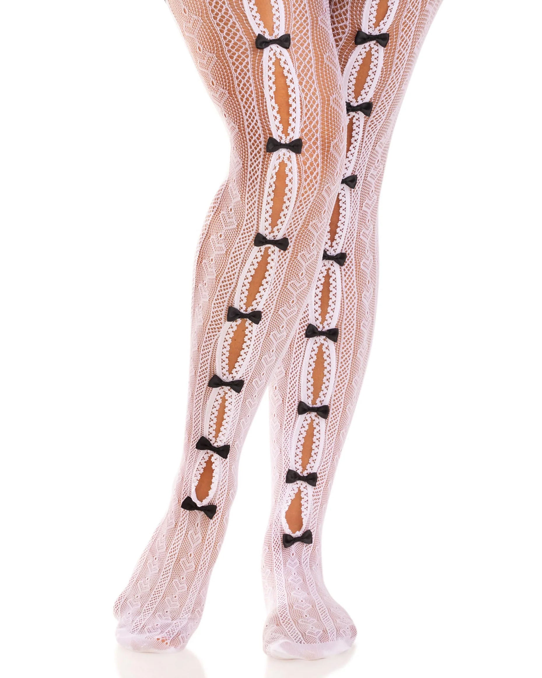 Leg Avenue Sweetheart Striped Net Pantyhose - White openwork fishnet lace tights with a vertical stripe and heart pattern and open seam down the front of the leg held together with black little bows.