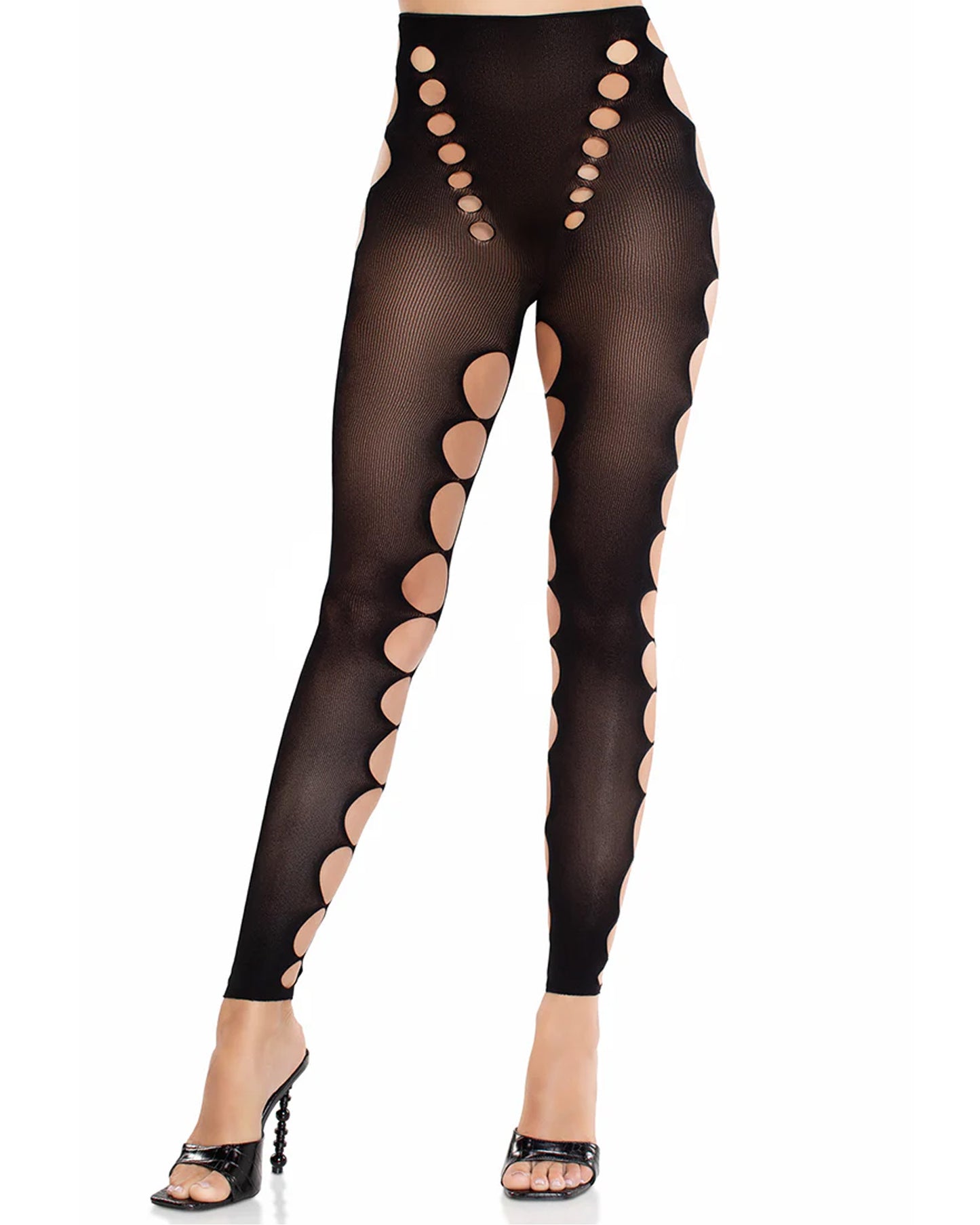 Leg Avenue Cut Out Footless Tights - Black seamless opaque leggings with circular cut-out holes on the inside and outside of the legs.
