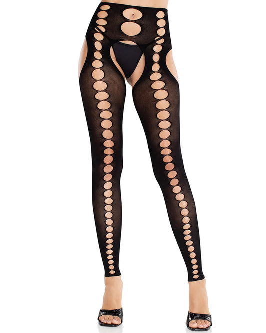 Leg Avenue Cut Out Footless Tights - Soft black knitted seamless opaque leggings with a cut-out suspender style detail and open circular hole stripe going down the front of the legs.