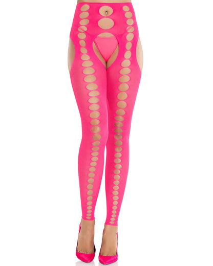Leg Avenue Cut Out Footless Tights - Soft neon pink knitted seamless opaque leggings with a cut-out suspender style detail and open circular hole stripe going down the front of the legs.