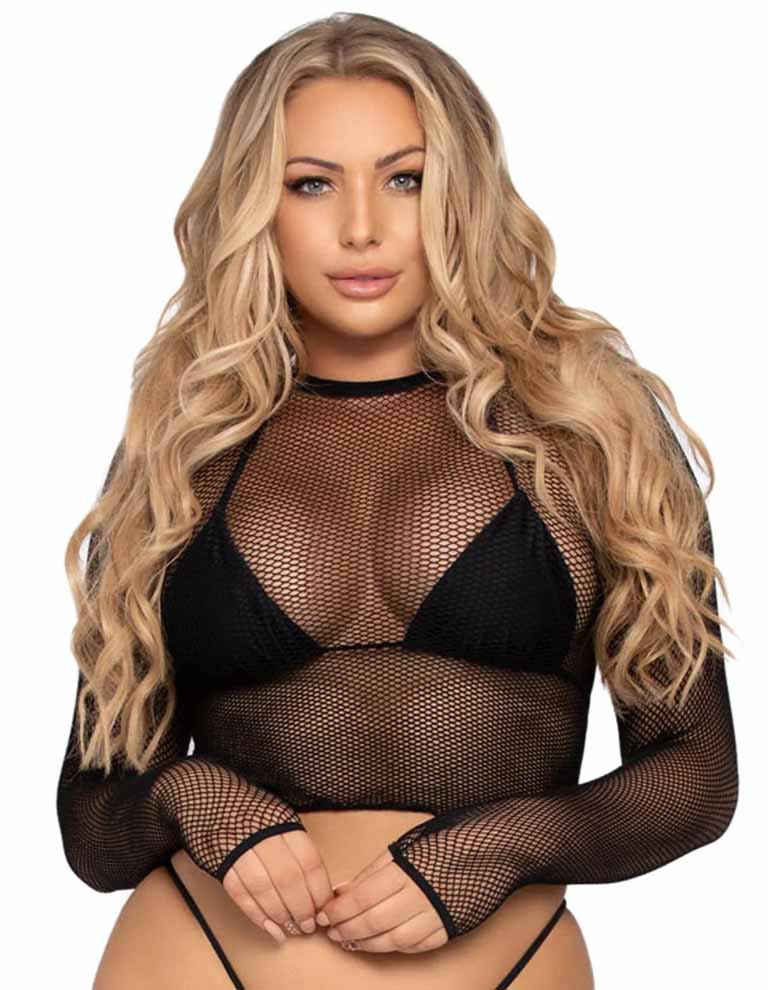 Leg Avenue Gloved Fishnet Crop Top - Black cropped fishnet mesh top with long sleeves and gloved cuffs.