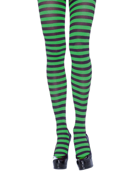 Leg Avenue 7100 Nylon Stripe Tights - green and black horizontal striped pantyhose