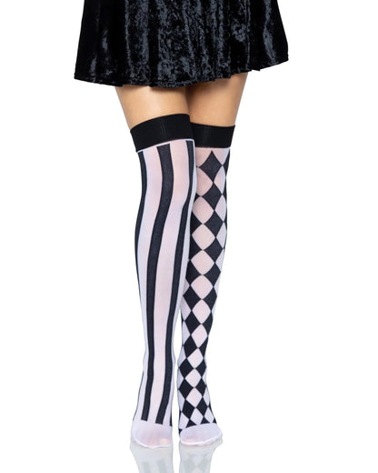 Black and white opaque over-knee socks, one leg has a vertical stripe pattern and the other has a diamond pattern, perfect for Halloween.