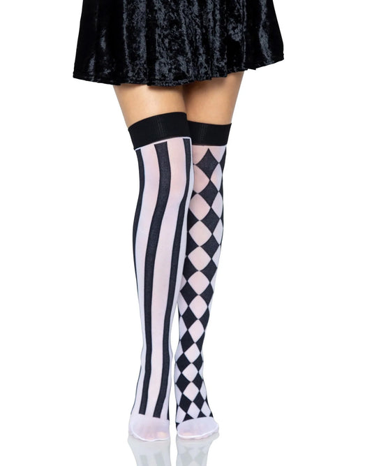 Black and white opaque over-knee socks, one leg has a vertical stripe pattern and the other has a diamond pattern, perfect for Halloween.