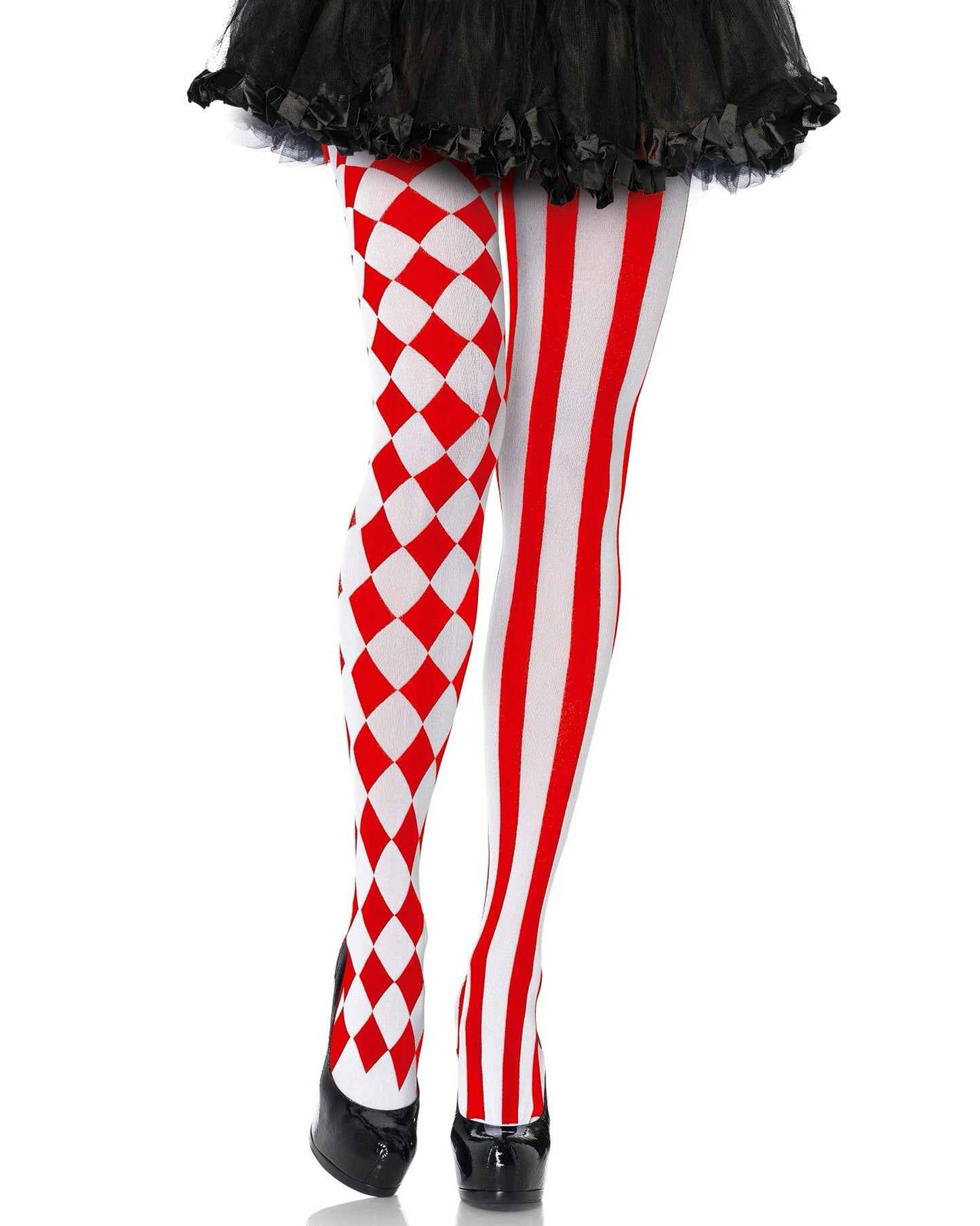 Leg Avenue 7720 Harlequin Tights - White opaque tights with a red print, one leg has vertical stripes and the other is a checkered pattern. Perfect for Halloween. Worn with black frilly skirt and black stilettos.