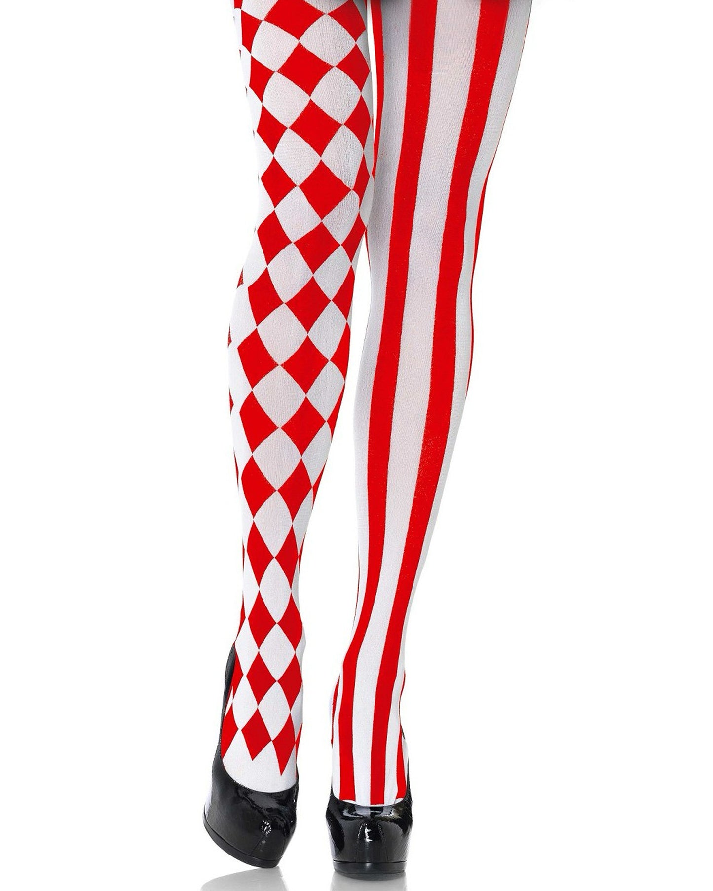 Leg Avenue 7720 Harlequin Tights - White opaque tights with a red print, one leg has vertical stripes and the other is a checkered pattern. Perfect for Halloween.