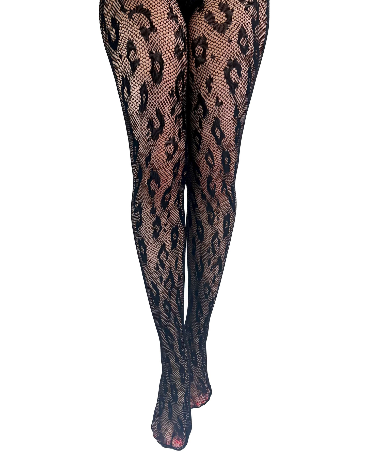 Leg Avenue Leopard Net Tights - Black openwork fishnet seamless tights with a leopard print style pattern. Front view.