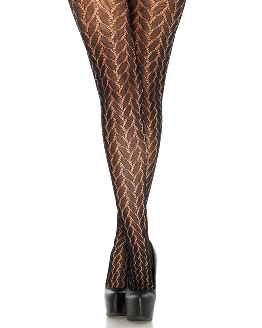Black openwork crochet cable knit effect tights.