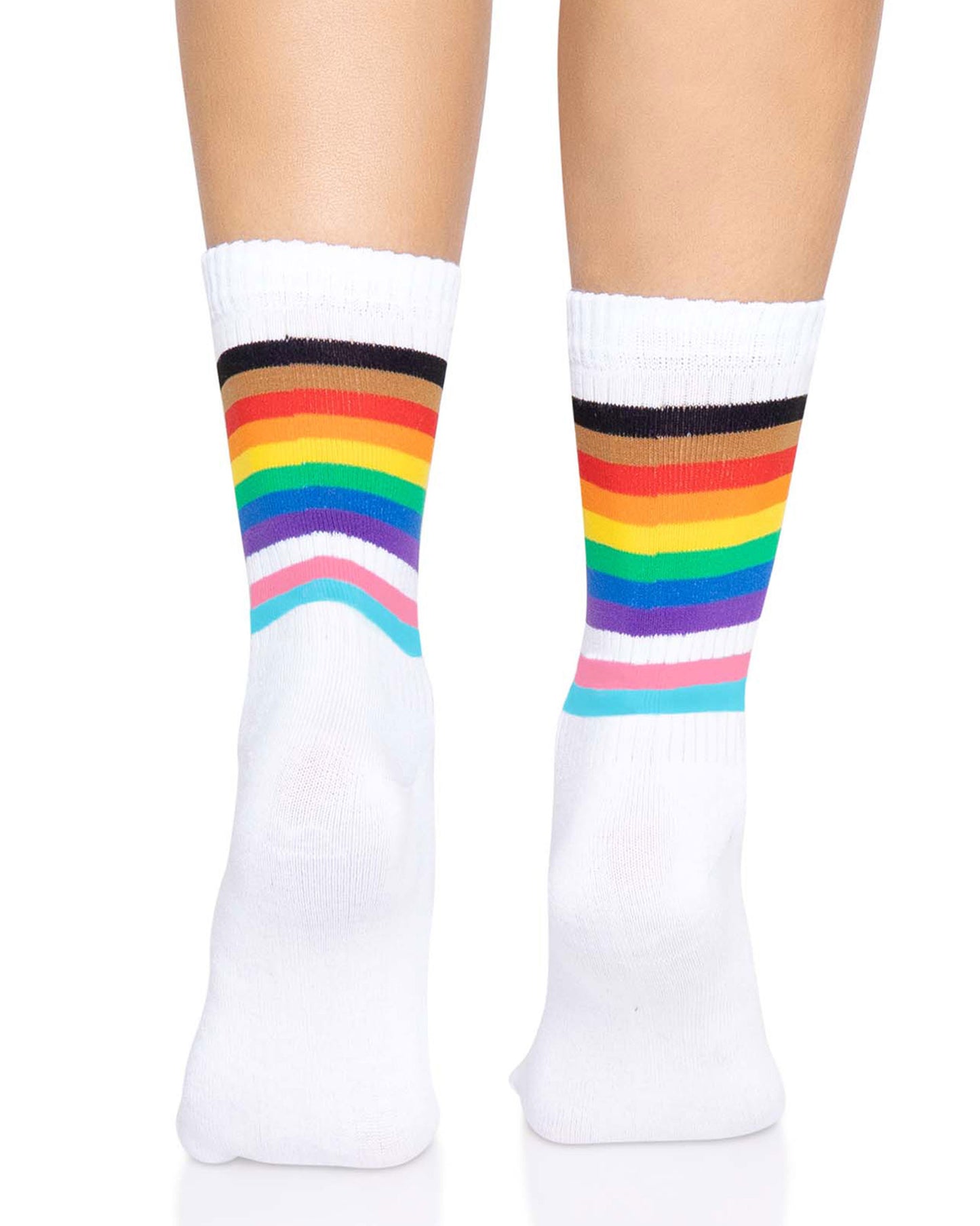 Leg Avenue 3014 Pride Crew Socks - Back view white crew length socks with the pride rainbow flag striped cuff.
