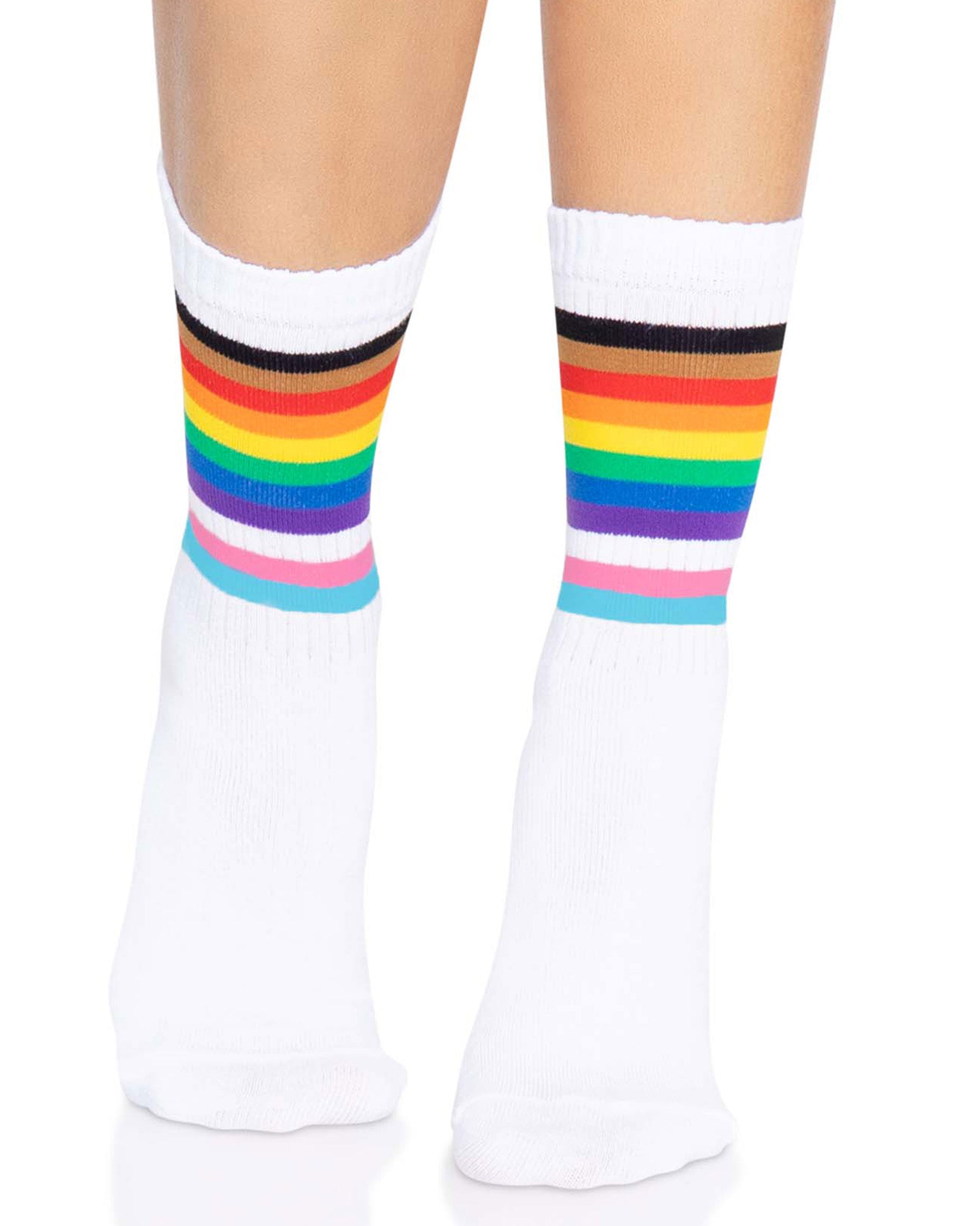 Leg Avenue 3014 Pride Crew Socks - White crew length socks with the pride rainbow flag striped cuff.