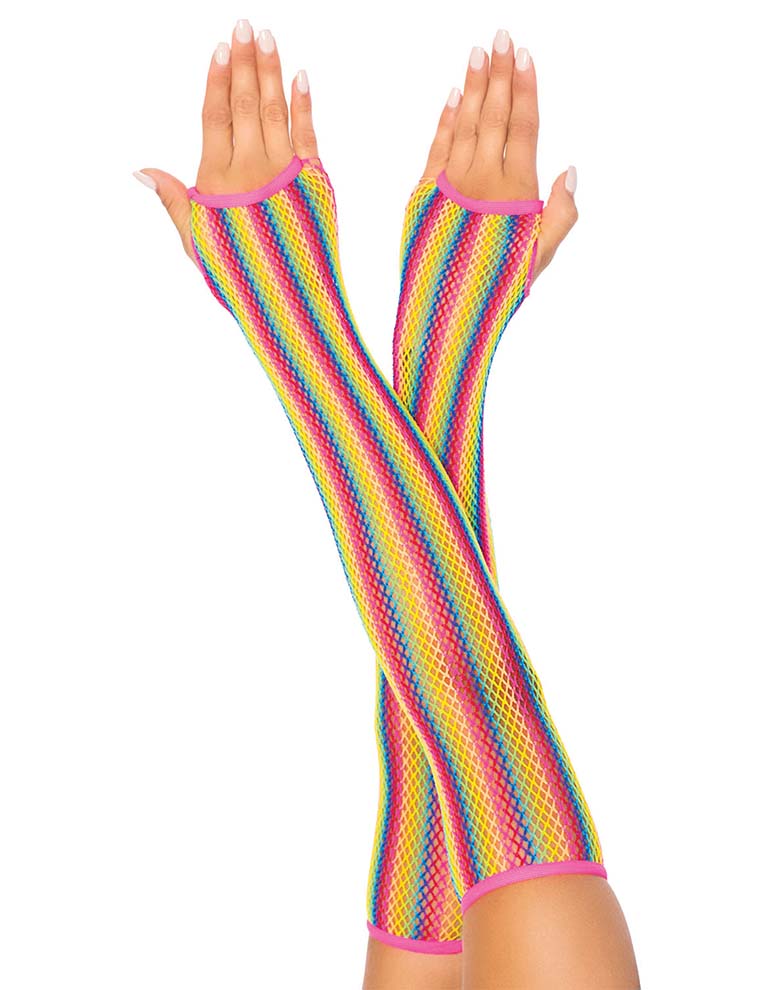 Leg Avenue Rainbow Fishnet Gloves - Multicoloured striped fishnet fingerless long over the elbow sleeves.