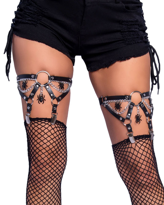 Leg Avenue 2784 Spider O-Ring Garter - Black faux leather studded adjustable thigh high garter suspenders with chain detail and spider charms.