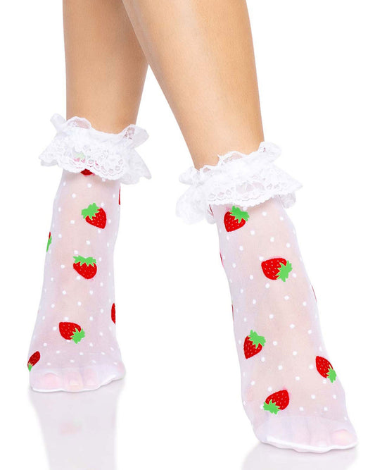 Leg Avenue Strawberry Ruffle Frilly Socks - Sheer white fashion ankle socks with a red strawberry and white polka dot pattern and white frilly lace cuff.