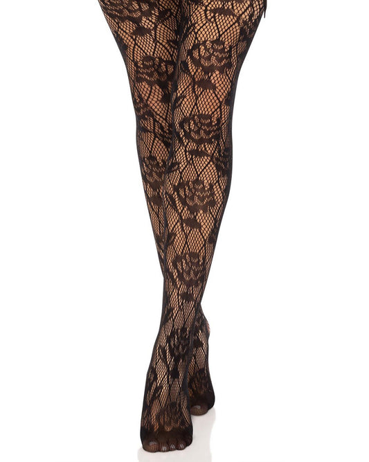 Leg Avenue Wild Rose Net Tights - Black openwork fashion seamless tights with a floral rose fishnet lace style pattern and micro-mesh toe.