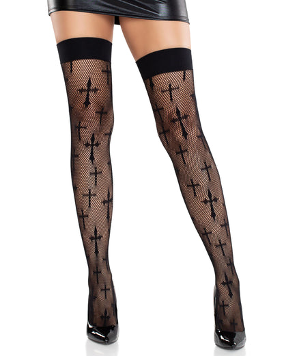 Leg Avenue Worship Me Thigh-Highs - Gothic style black micro fishnet thigh-high socks with a variety of crosses pattern and deep elasticated cuff. 