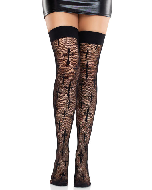 Leg Avenue Worship Me Thigh-Highs - Gothic style black micro fishnet thigh-high socks with a variety of crosses pattern, reinforced toe and deep elasticated cuff.
