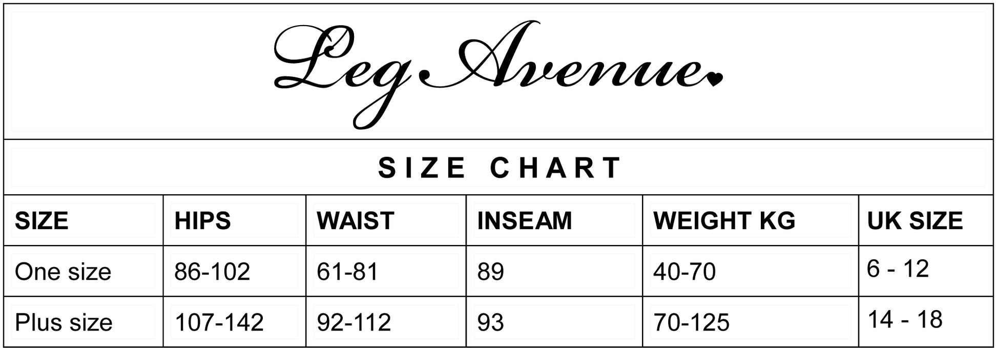 Leg Avenue - size chart