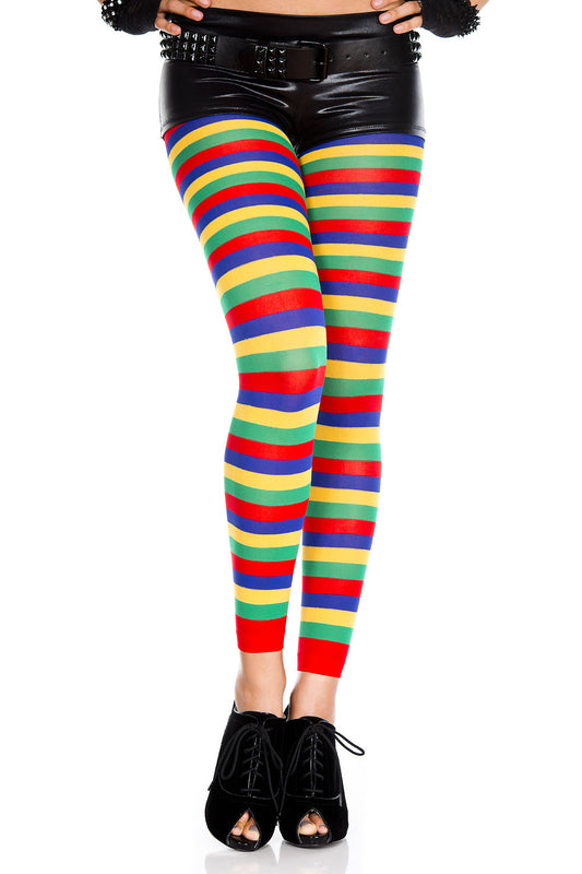 Music Legs 35008 Rainbow Striped Leggings - Opaque fashion footless tights with woven multicoloured horizontal stripes in red, blue, yellow and green.
