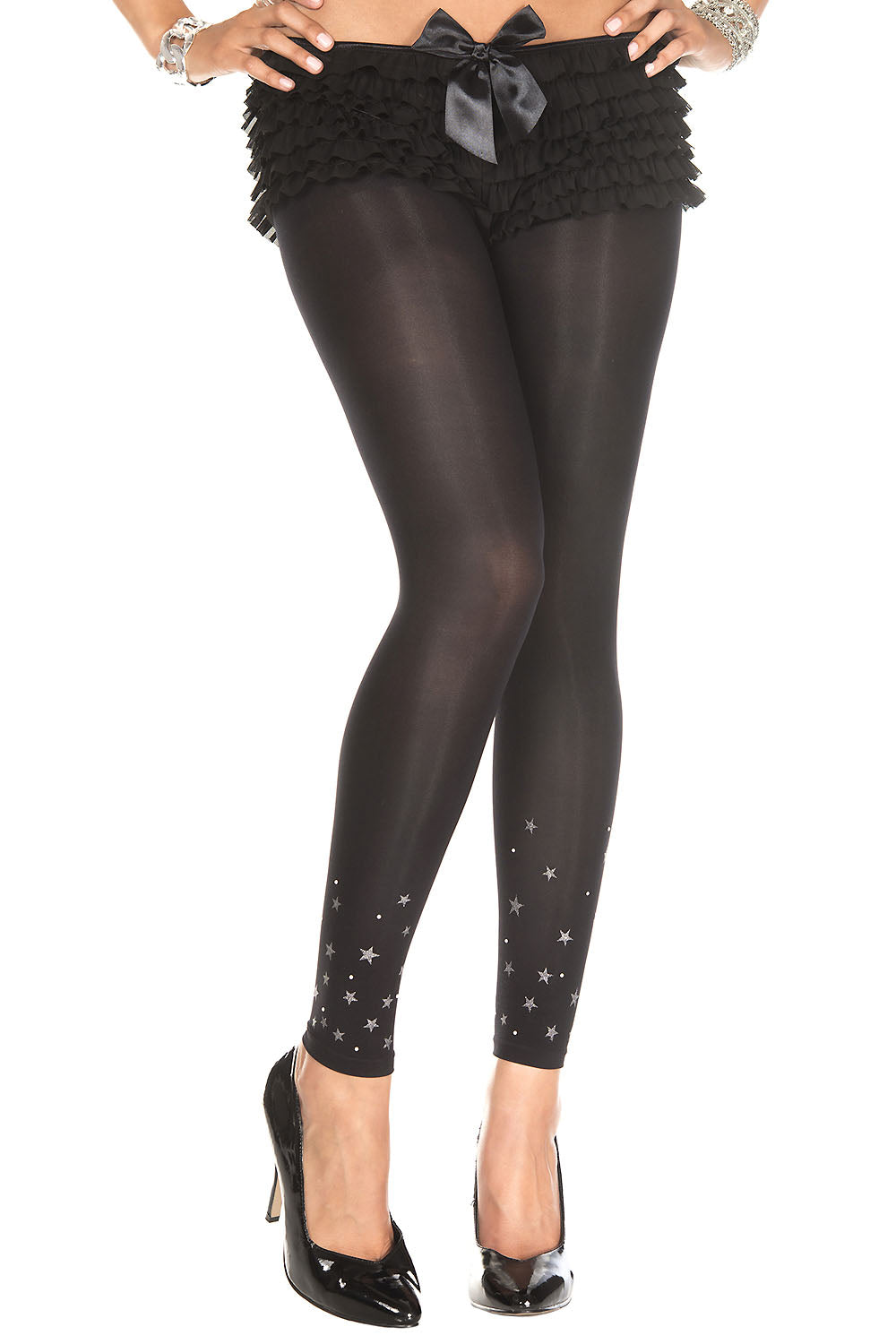 Music Legs 35010 Star Print Leggings - Black opaque footless tights with a silver star and white pearl style dots print around the bottom half of the legs.