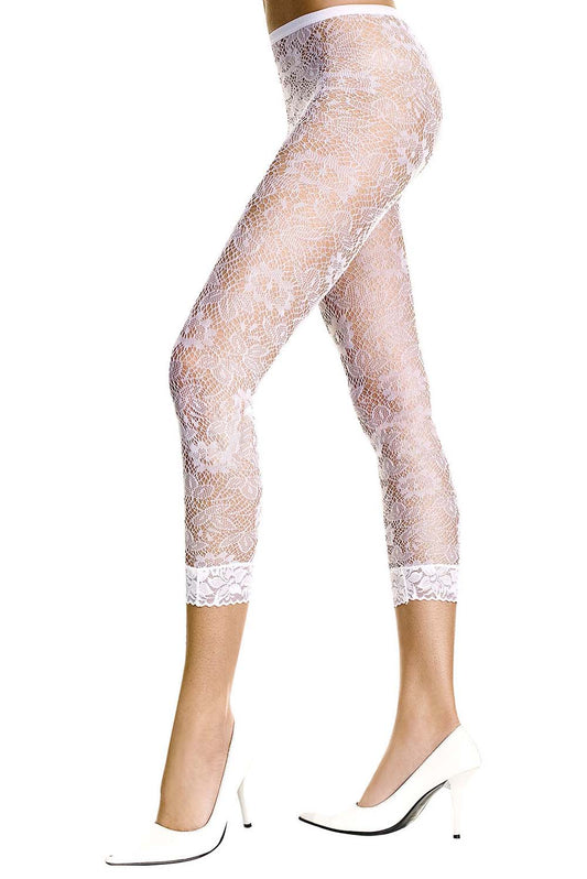 Music Legs 35046 Floral Lace Leggings - White 3/4 length capri openwork floral lace style fishnet footless tights with a lace cuff trim.