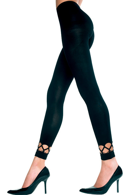 Music Legs 35238 Crochet Cuff Leggings - Black opaque footless tights with open crochet style cuff.