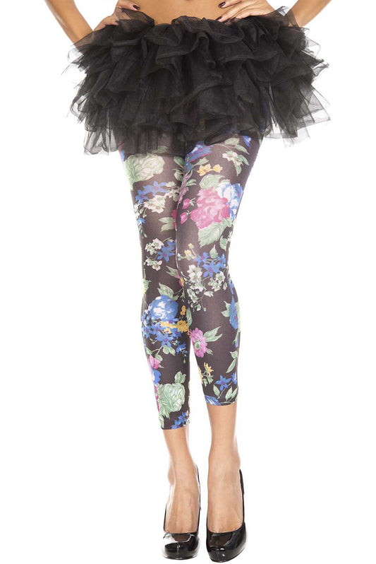 Music Legs 35478 Blooming Leggings - opaque footless tights with an all over multicoloured floral print pattern on a black background.
