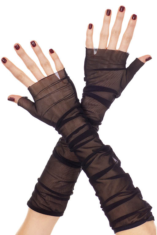 Music Legs 473 Black Mesh Fingerless Gloves - Sheer black soft stretch mesh tulle elbow length fingerless gloves that can be worn over the elbow or scrunched.