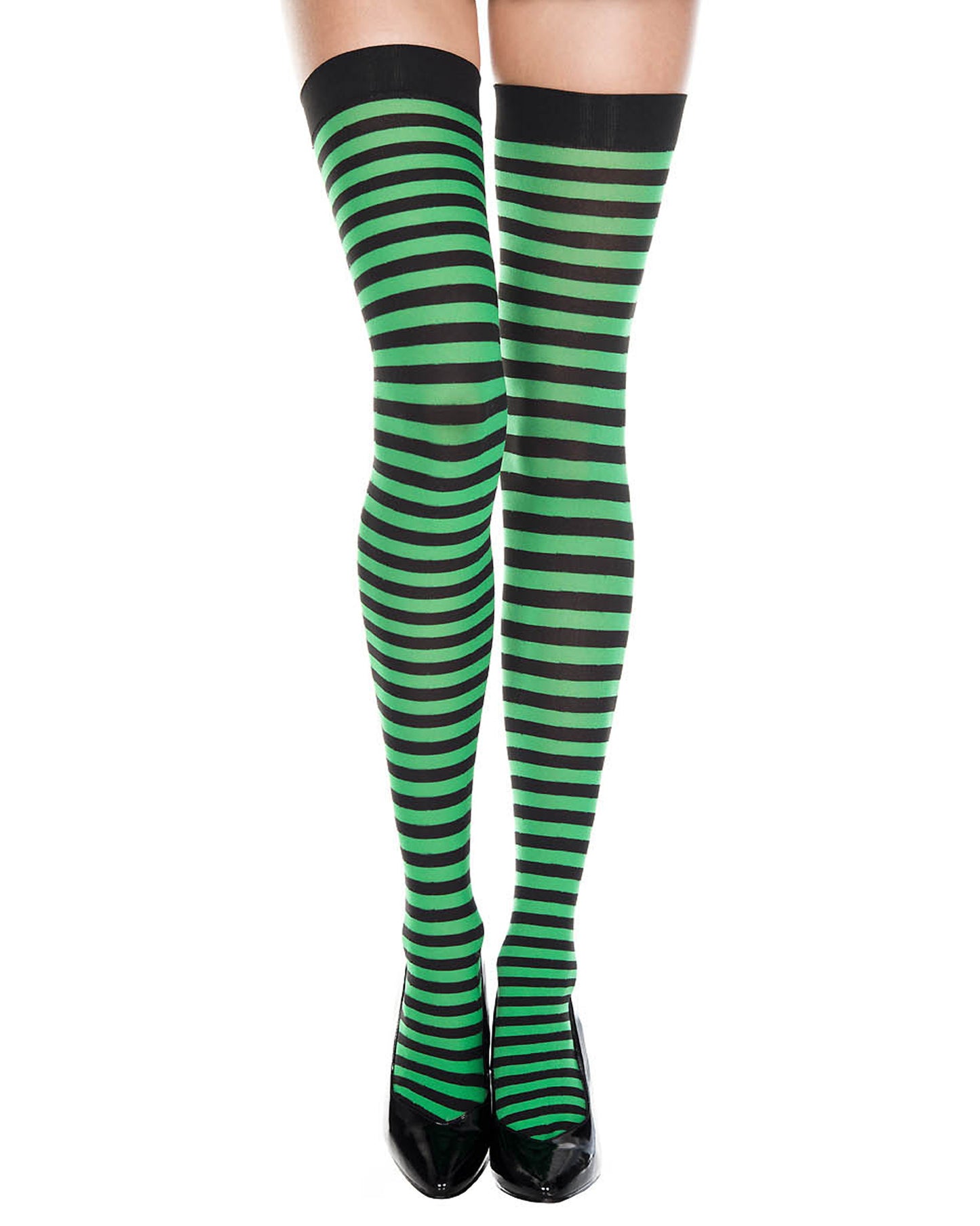 Music Legs Stripe Thigh-Highs - Green and black horizontal striped thigh high socks with plain elasticated cuff.