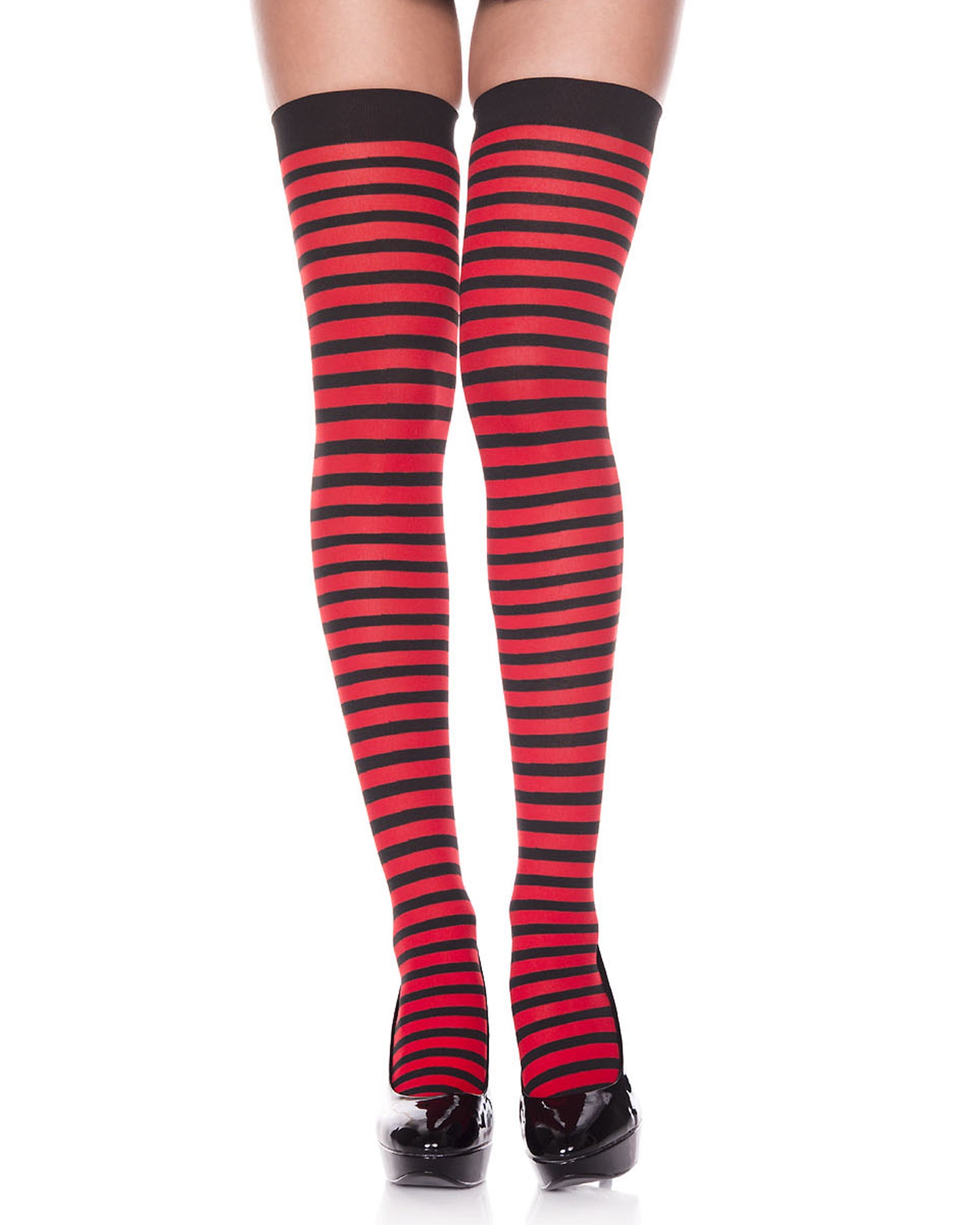 Music Legs Stripe Thigh-Highs - Red and black horizontal striped thigh high socks with plain elasticated cuff.