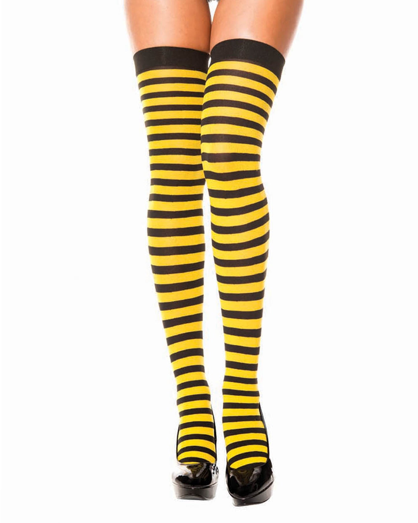 Music Legs Stripe Thigh-Highs - Yellow and black horizontal striped thigh high socks with plain elasticated cuff.