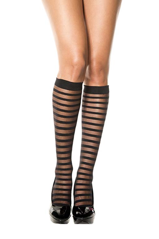 Music Legs 5236 Stripe Knee-Highs - Black sheer and opaque horizontal striped fashion knee-high socks.