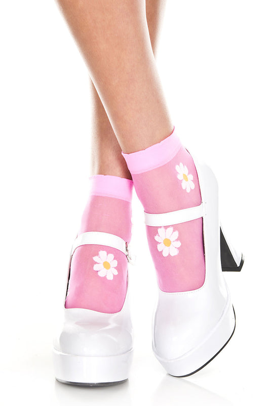 Music Legs 544 Flower Design Ankle Socks - Sheer neon pink fashion ankle highs with an all over woven daisy floral pattern in white and yellow with a plain deep cuff.