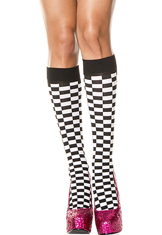 Music Legs 5606N Checkerboard Knee-Highs - Opaque black and white checkered pattern fashion knee-high socks.
