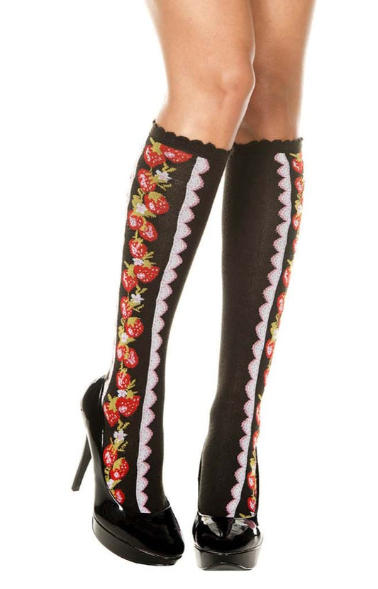 Music Legs 5703 Strawberry Knee-Highs - Black knee-high socks with a woven strawberry patterned side panel in red, white and green, trimmed with a scalloped style vertical stripe and a scalloped edge cuff.