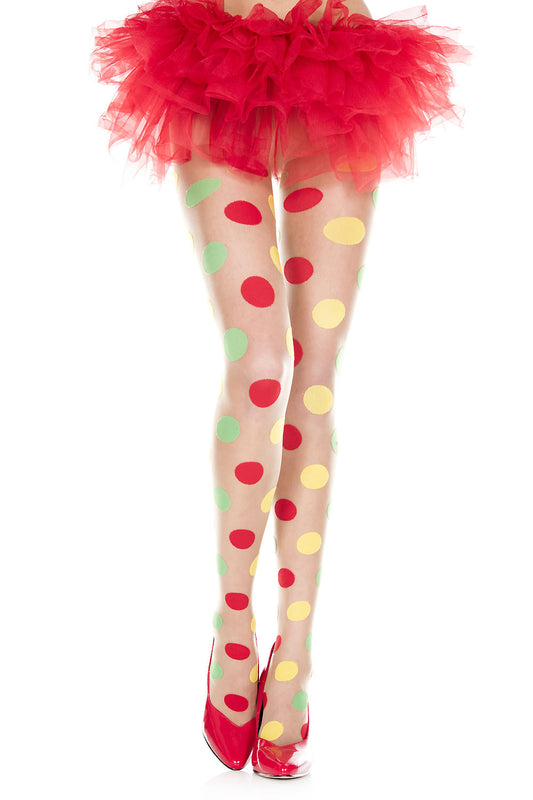 Music Legs 7055 Multicolour Spot Tights - Sheer nude fashion tights with a large woven polka dot pattern in green, red and yellow.