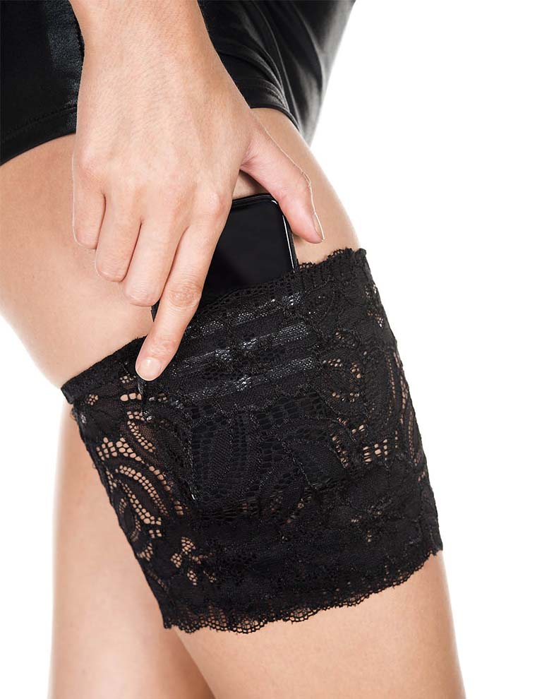 Music Legs 43004 Lace Garter Pocket - Black floral lace thigh band (garter) with elasticated edge and a strip of silicone, 2 internal pockets, one pocket is perfect for storing your phone and the other for a key or money notes at festivals or weddings.