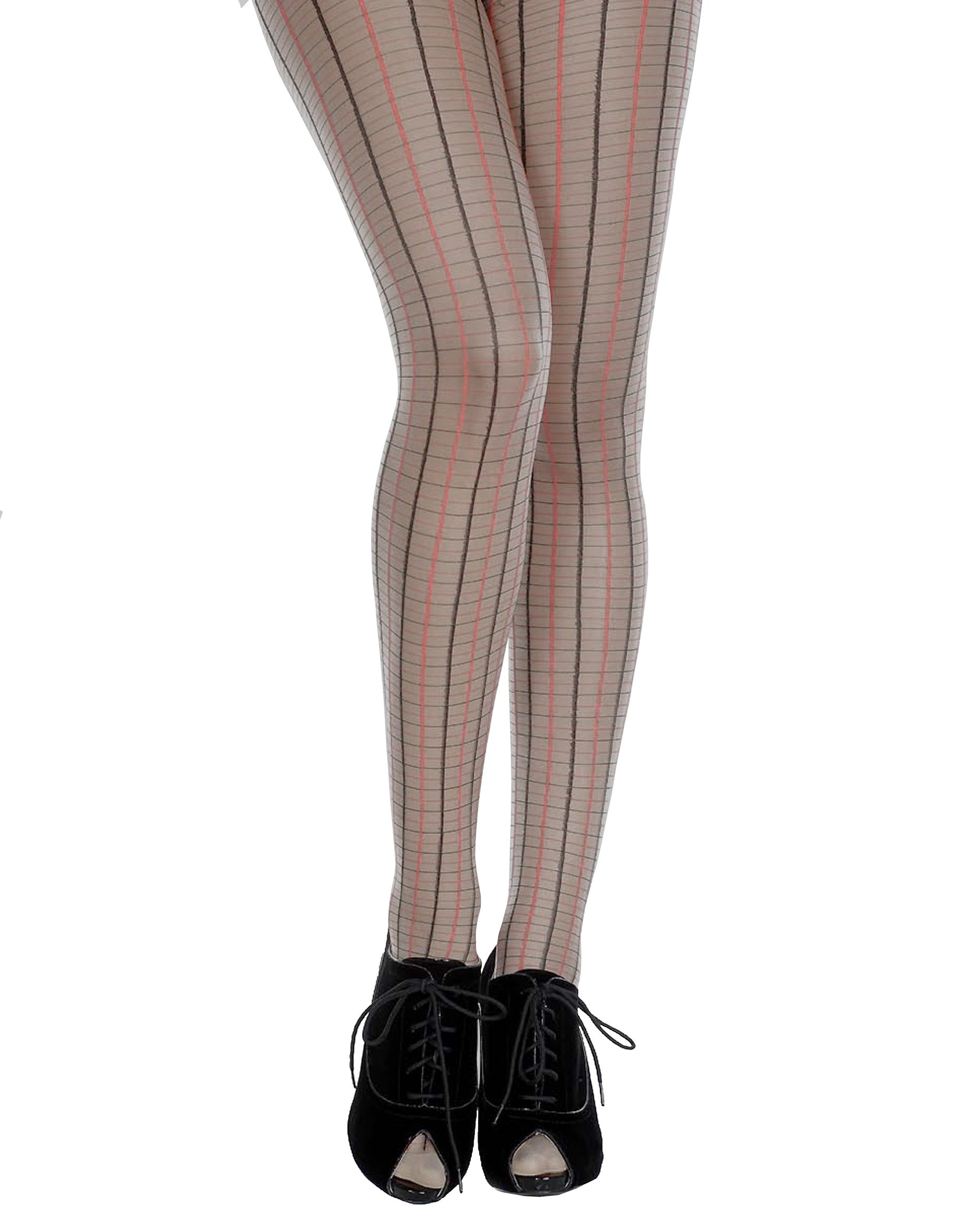 Music Legs Sheer Plaid Tights - Sheer grey tights with a woven plaid/check style pattern in black and red.