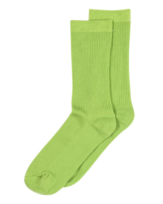 MP Denmark Fine Cotton Rib Sock - Soft and light lime green ribbed cotton crew length ankle socks with plain cuff, plain sole, shaped heel and flat toe seam.