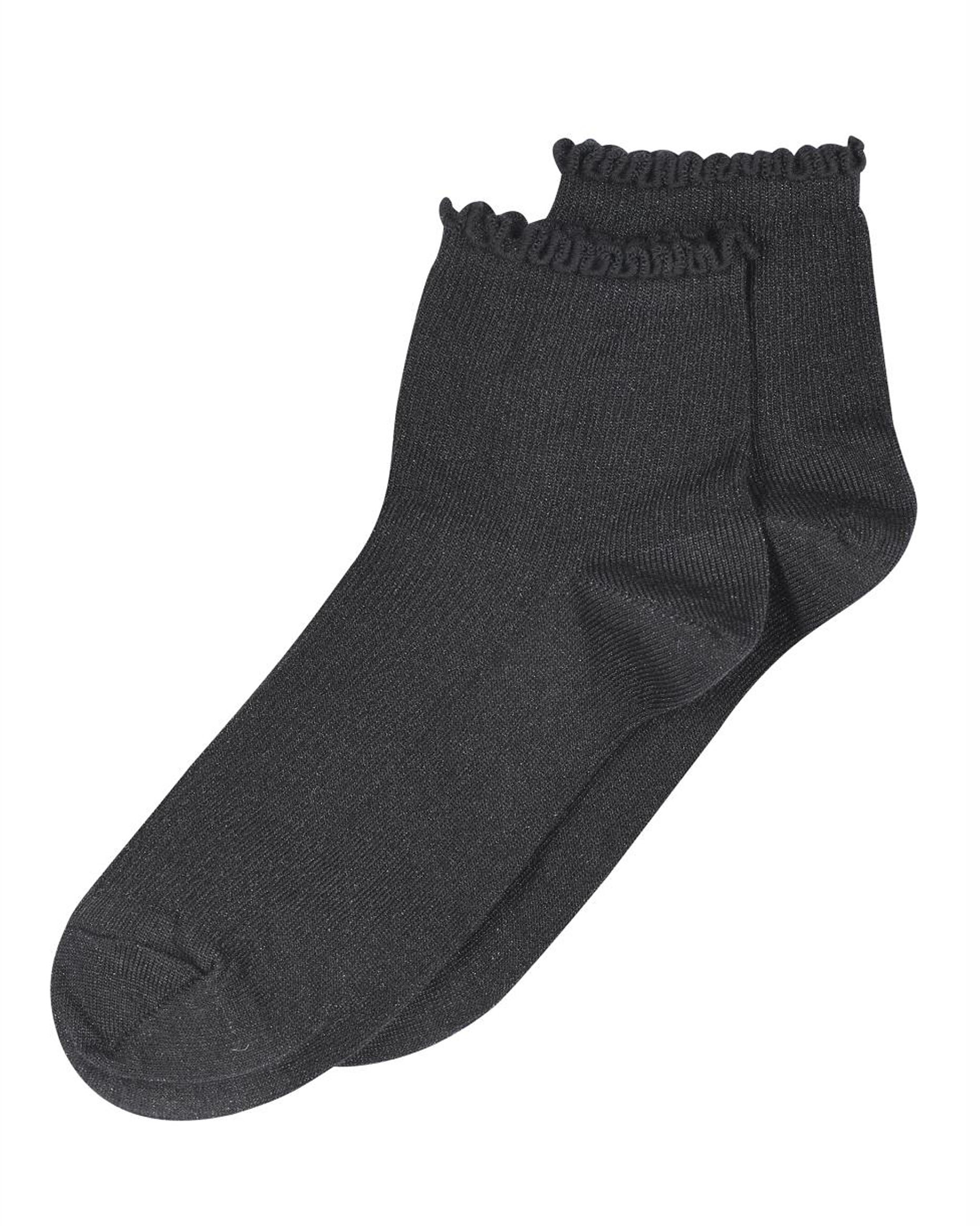 MP Denmark Lis Sock - Black short quarter high ribbed lamé lurex cotton lined ankle socks with with frilly edge, plain sole, shaped heel and flat toe seam.