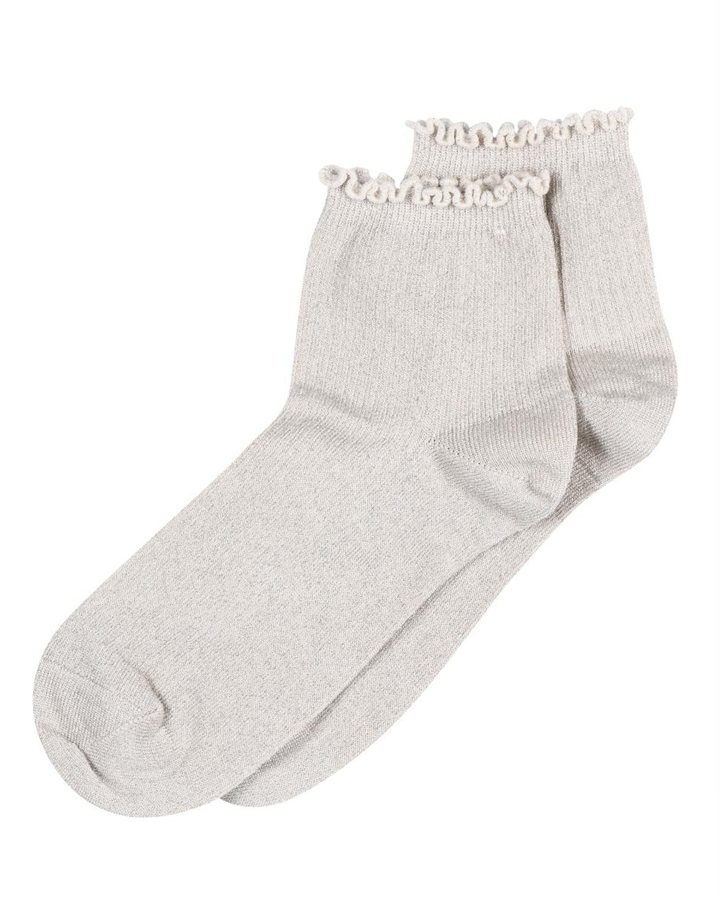 MP Denmark Lis Sock - Champagne oat beige short quarter high ribbed lamé lurex cotton lined ankle socks with with frilly edge, plain sole, shaped heel and flat toe seam.