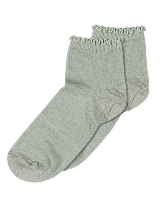 MP Denmark Lis Sock - Mint green short quarter high ribbed lamé lurex cotton lined ankle socks with with frilly edge, plain sole, shaped heel and flat toe seam.