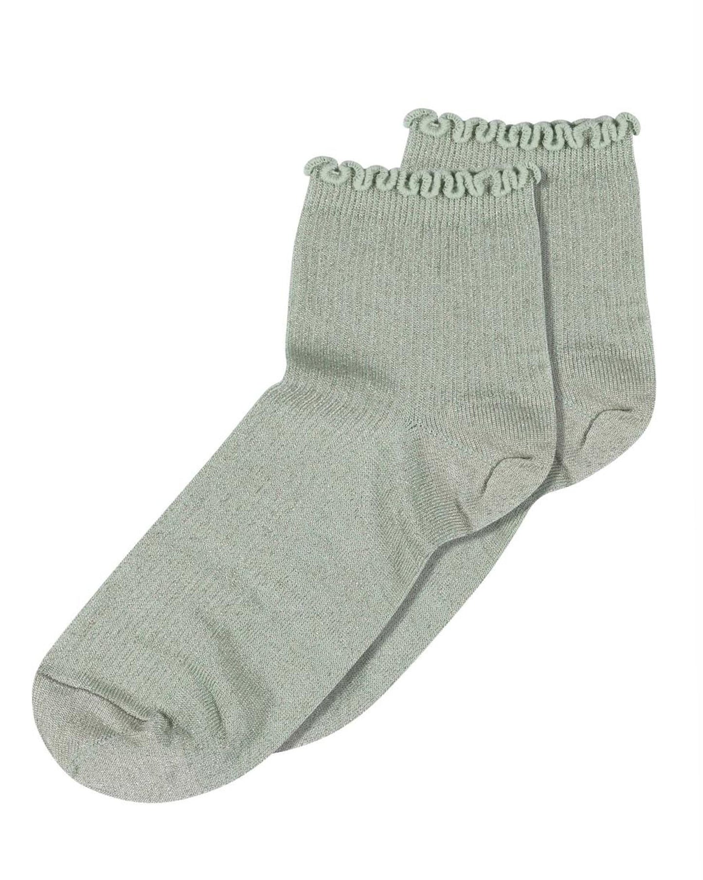 MP Denmark Lis Sock - Mint green short quarter high ribbed lamé lurex cotton lined ankle socks with with frilly edge, plain sole, shaped heel and flat toe seam.