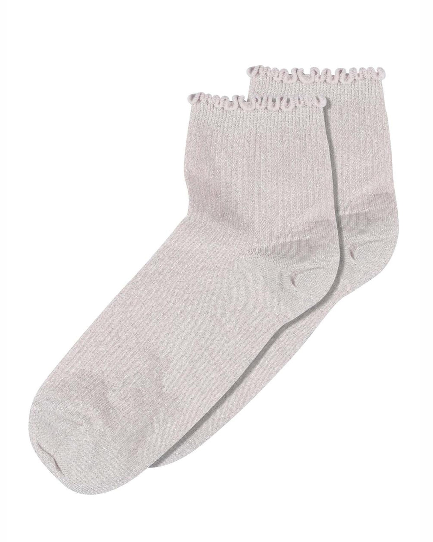 MP Denmark Lis Sock - Pale pink short quarter high ribbed lamé lurex cotton lined ankle socks with with frilly edge, plain sole, shaped heel and flat toe seam.