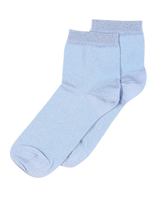 MP Denmark 77665 Pi Socks - Light pale blue quarter high fashion ankle socks with sparkly lame through out, plain cuff, shaped heel and flat toe seam.