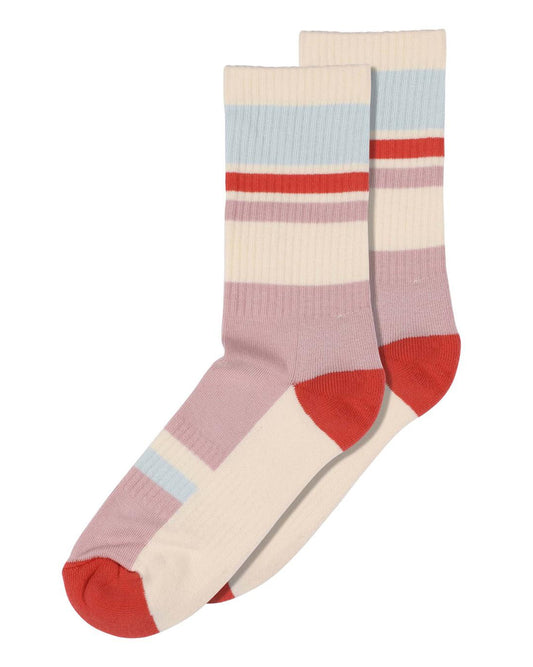 MP Denmark 79694 Sofi Socks - Cream ribbed crew length ribbed socks with contrast coloured striped panels in light blue, pale pink and red with a red toe and heel.