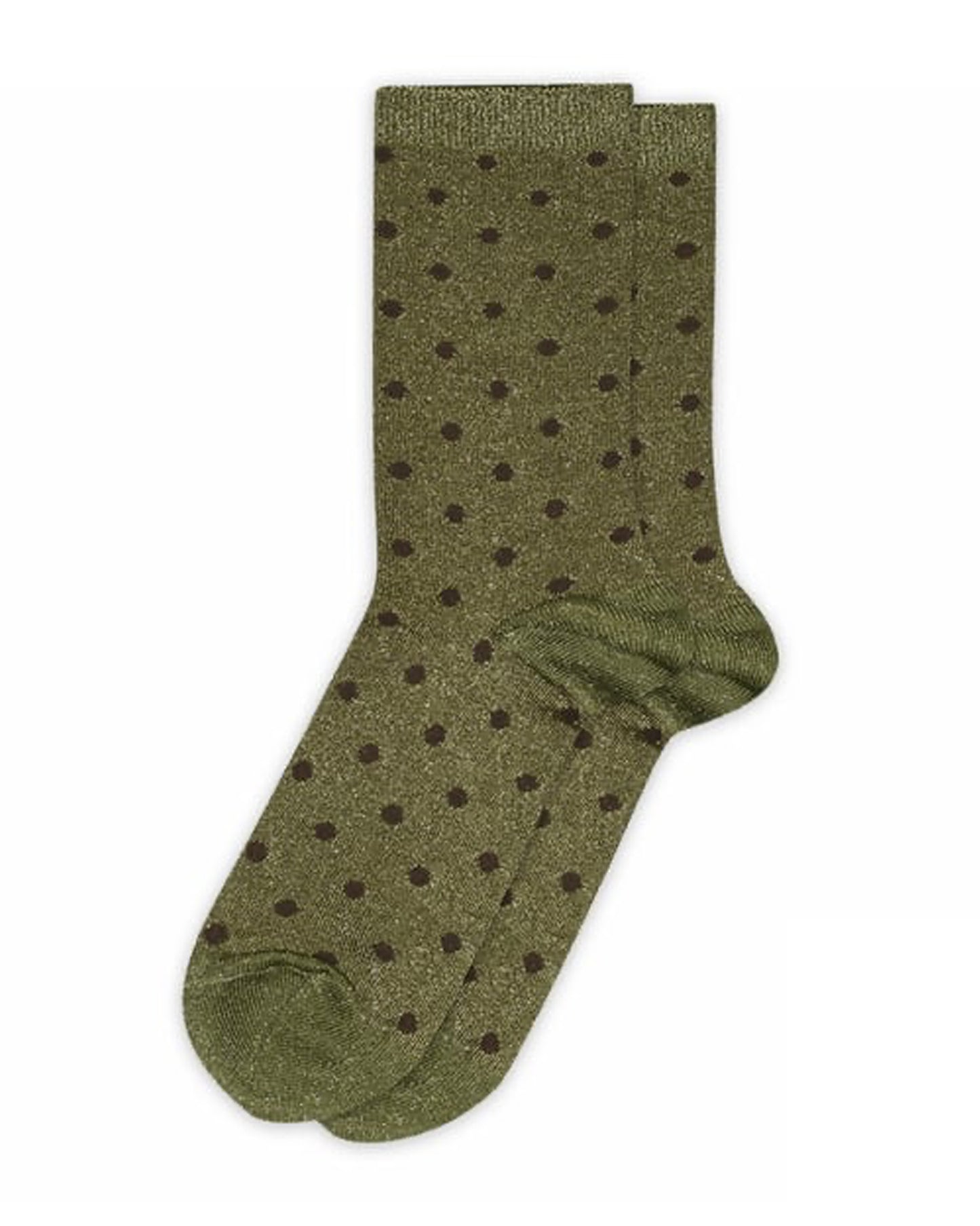 Sparkly olive green crew length socks with polka dot pattern