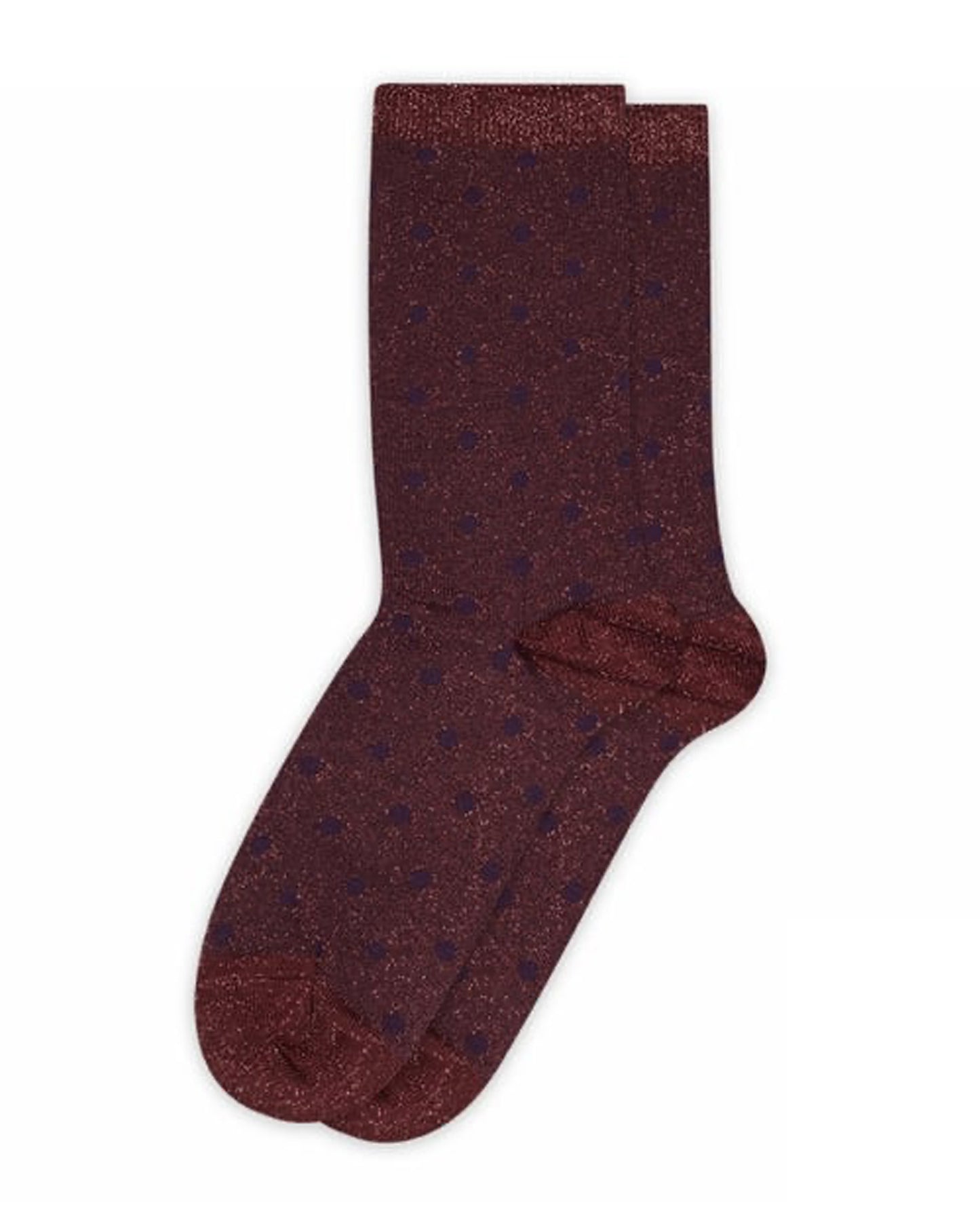 Sparkly wine/burgundy crew length socks with polka dot pattern