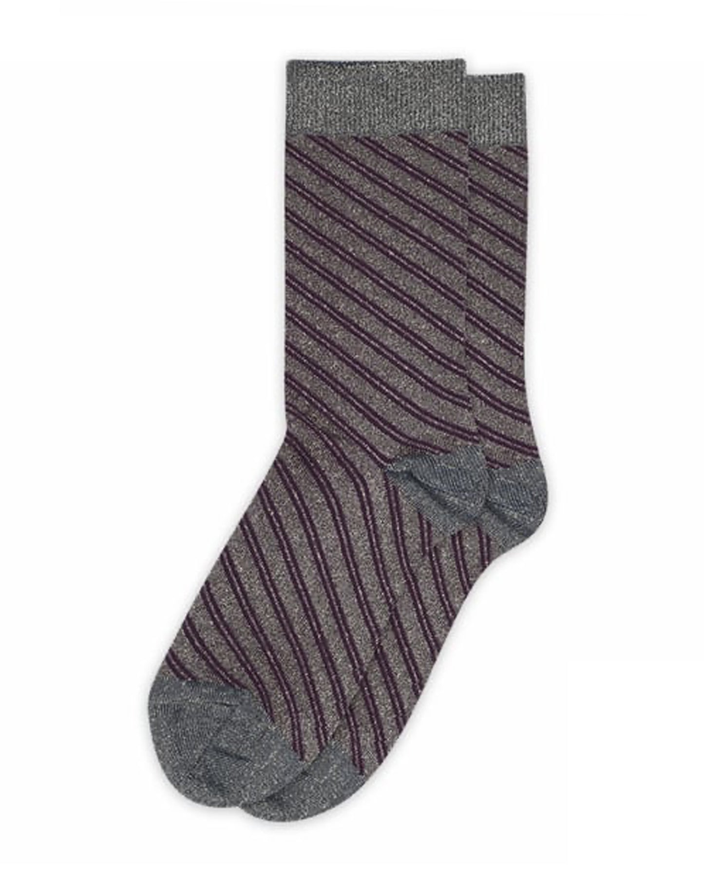 MP Denmark Elise Glitter Sock - Sparkly  grey and purple lamé fashion ankle socks with a diagonal candy stripe style pattern, contrasting cuff, heal and toe.