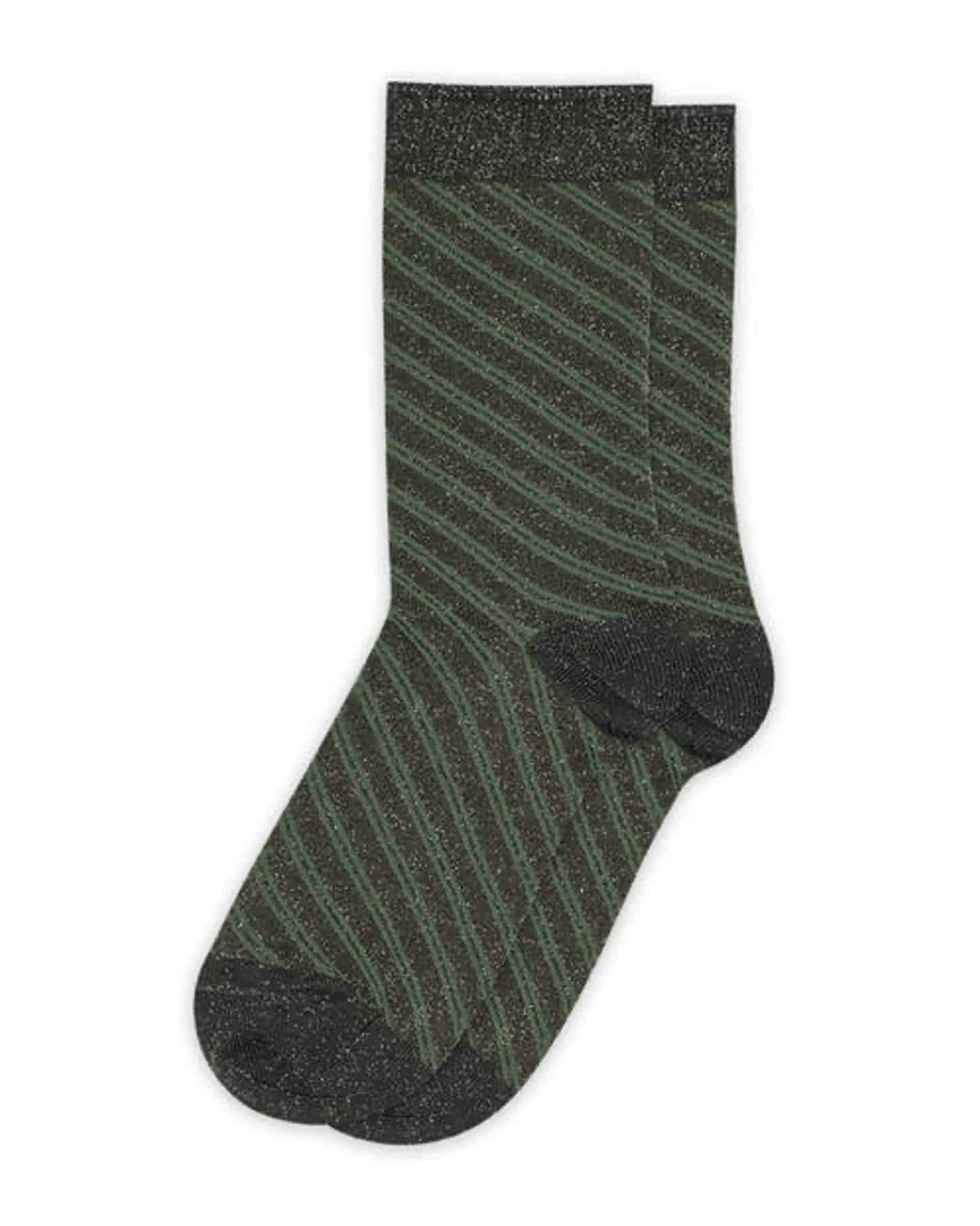 MP Denmark Elise Glitter Sock - Sparkly green lamé fashion ankle socks with a diagonal candy stripe style pattern, contrasting cuff, heal and toe.